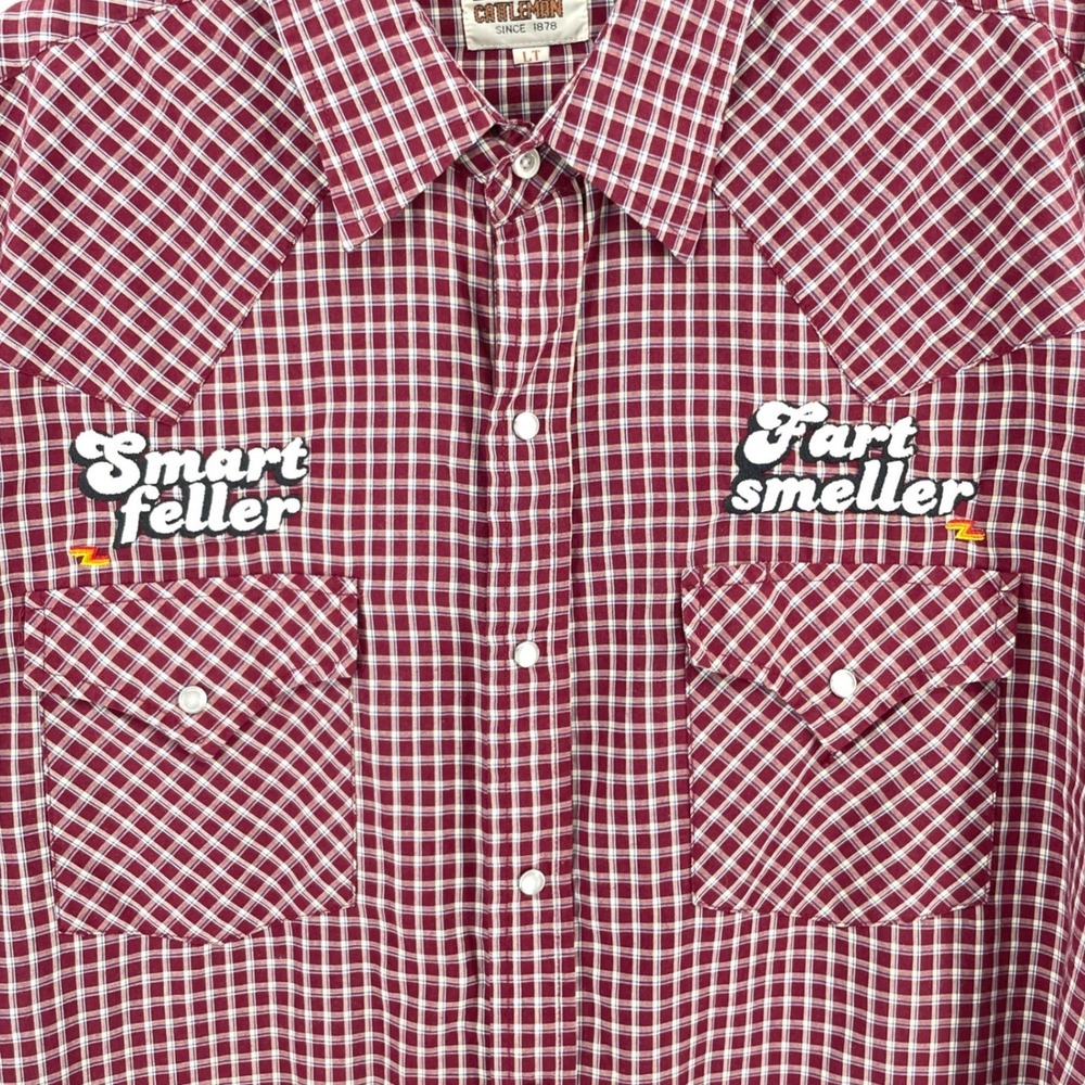 VTG Ely Cattleman Mens LT Pearl Snap Shirt Red Plaid Smart Feller Fart Smeller